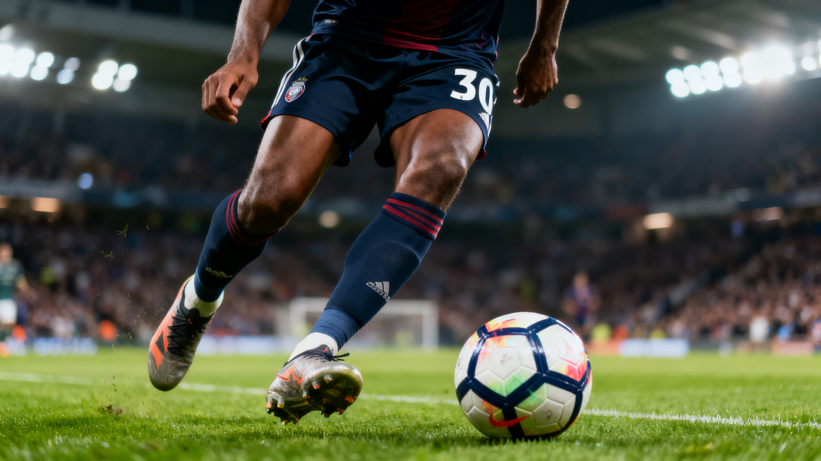 足球运动员在比赛中带球推进的特写画面